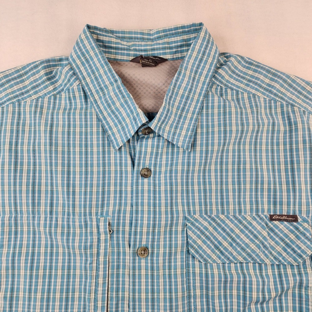 Eddie Bauer Travex Shirt Men XL Blue Plaid Vented Utility Button Up Pockets